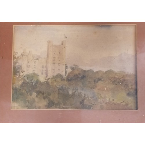 211 - 3 x watercolour paintings t/w large framed antique print (55cm x 91cm)