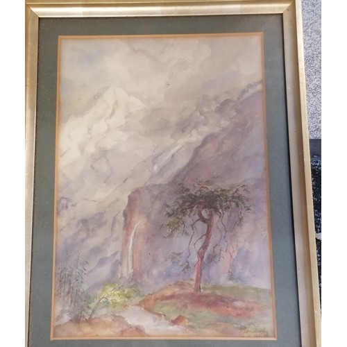 211 - 3 x watercolour paintings t/w large framed antique print (55cm x 91cm)