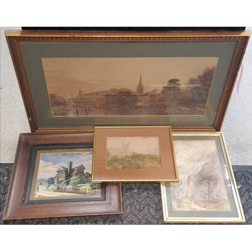 211 - 3 x watercolour paintings t/w large framed antique print (55cm x 91cm)