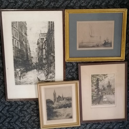 213 - 4 x antique signed framed engravings - largest street scene 51cm x 34cm