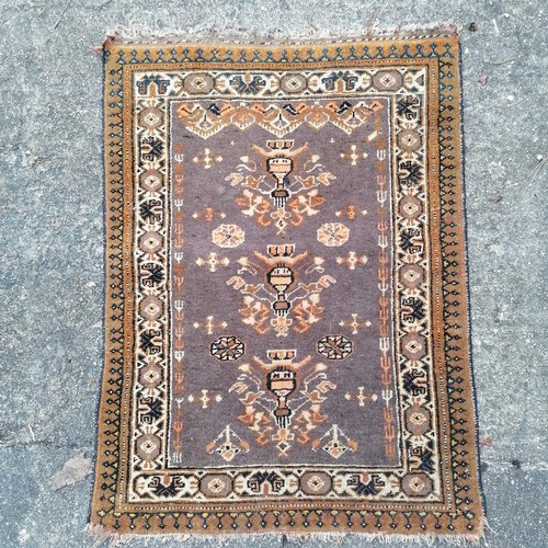 216 - Hand woven small eastern orange grounded rug with geometric pattern - 100cm x 75cm ~ wear to the fri... 