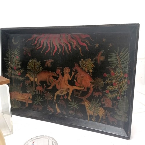 218 - Novelty decoupage decorated wooden tray (44cm x 30cm) depicting Adam & Eve with exotic animals t/w m... 