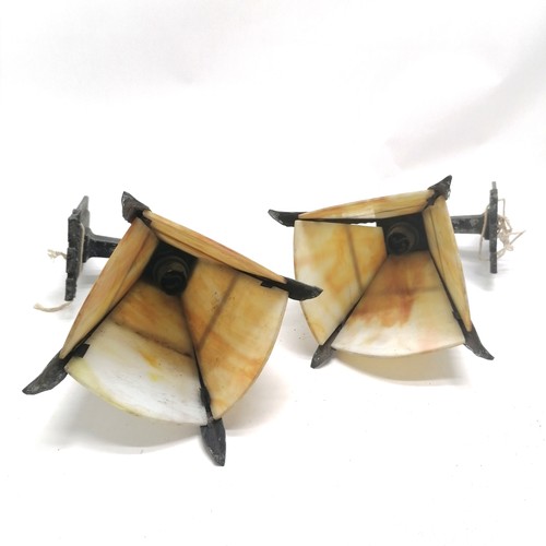 219 - Pair of metal framed wall lights with mottled coloured glass panels - 34cm long