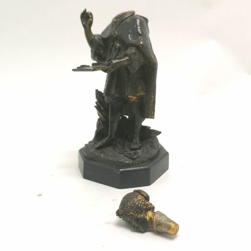225 - Antique bronze cast figure smokers stand with detachable head / tamper, has some traces of the origi... 