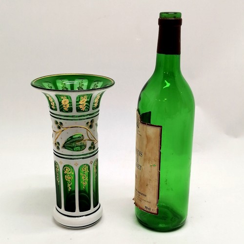 227 - Antique Bohemian green glass vase with white overlaid detail & flared top - 20cm high ~ slight loss ... 