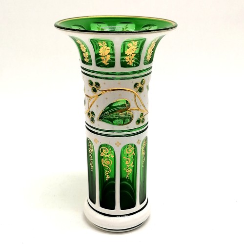 227 - Antique Bohemian green glass vase with white overlaid detail & flared top - 20cm high ~ slight loss ... 