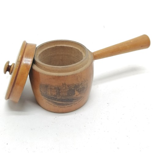 230 - Mauchline treen cooking pot with lid (Tunbridge Wells), 2 trench art bullet cannisters, silver circu... 