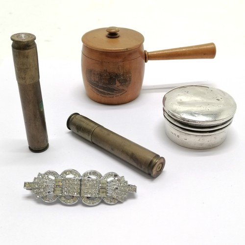 230 - Mauchline treen cooking pot with lid (Tunbridge Wells), 2 trench art bullet cannisters, silver circu... 