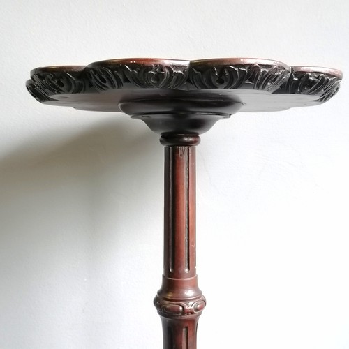 231 - Antique Irish mahogany candle stand / torchere with carved acanthus leaf detail & terminating on 3 c... 