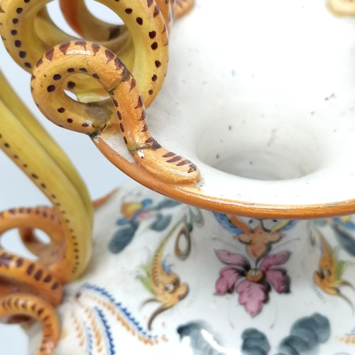 236 - Pair of large Italian Majolica vases with serpent scroll detail handles and profusely hand decorated... 