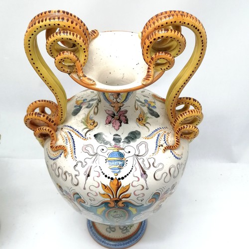 236 - Pair of large Italian Majolica vases with serpent scroll detail handles and profusely hand decorated... 