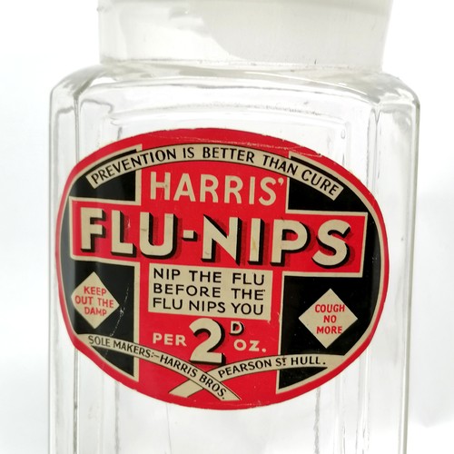 1 - Harris' Flu-nips large glass sweets jar with original bung - 37cm high & small chip to rim otherwise... 