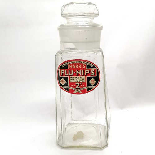 1 - Harris' Flu-nips large glass sweets jar with original bung - 37cm high & small chip to rim otherwise... 