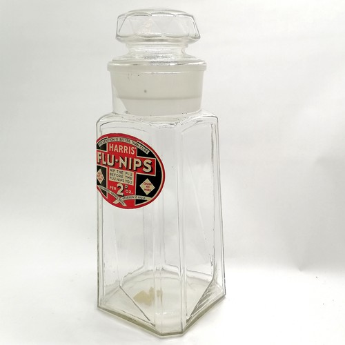 1 - Harris' Flu-nips large glass sweets jar with original bung - 37cm high & small chip to rim otherwise... 