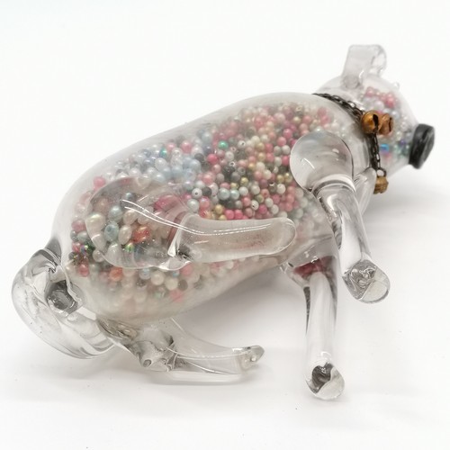 3 - Unusual novelty glass dog figure filled with beads & has a metal chain collar with bells - 18.5cm hi... 