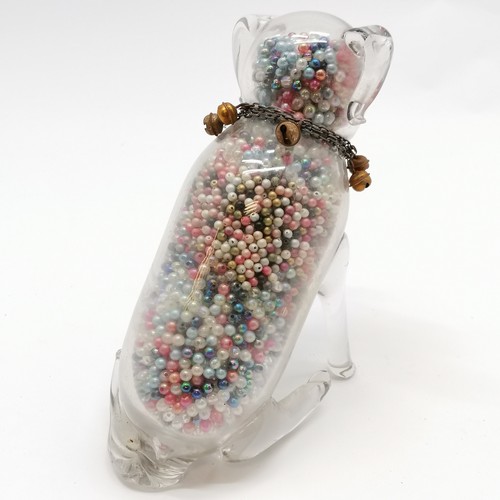 3 - Unusual novelty glass dog figure filled with beads & has a metal chain collar with bells - 18.5cm hi... 