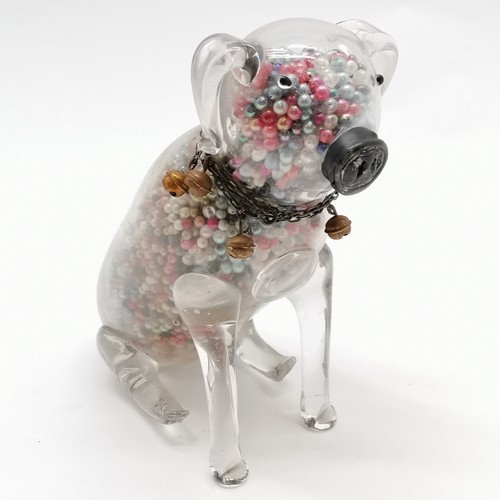 3 - Unusual novelty glass dog figure filled with beads & has a metal chain collar with bells - 18.5cm hi... 