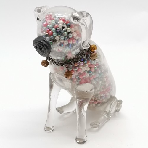 3 - Unusual novelty glass dog figure filled with beads & has a metal chain collar with bells - 18.5cm hi... 