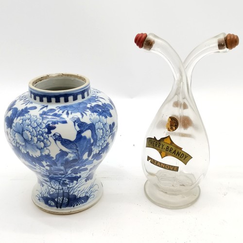 17 - Antique Chinese blue & white decorated pot with bird / flower detail (16cm high) - has chip to rim &... 