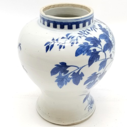 17 - Antique Chinese blue & white decorated pot with bird / flower detail (16cm high) - has chip to rim &... 