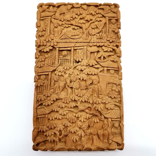 38 - Antique Chinese Cantonese hand carved wooden card case - 9.6cm x 5.6cm & no obvious damage