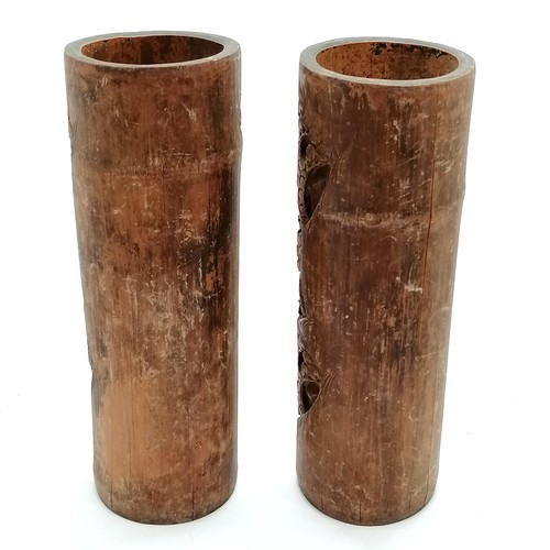 39 - Pair of antique bamboo carved vases 34cm high - some small splits and discolouration to the surface