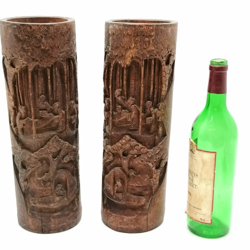 39 - Pair of antique bamboo carved vases 34cm high - some small splits and discolouration to the surface