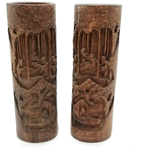 39 - Pair of antique bamboo carved vases 34cm high - some small splits and discolouration to the surface