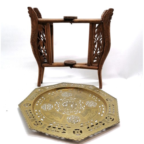 44 - Oriental Chinese octagonal brass topped hand carved wooden folding table - 46cm high & 46cm top ~ sl... 