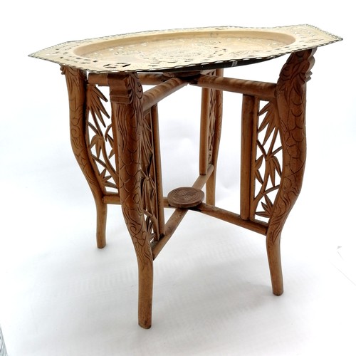 44 - Oriental Chinese octagonal brass topped hand carved wooden folding table - 46cm high & 46cm top ~ sl... 