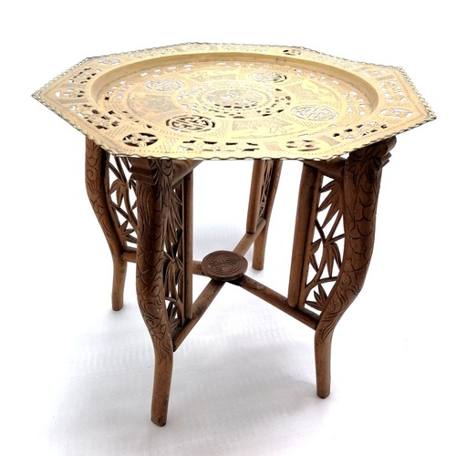 44 - Oriental Chinese octagonal brass topped hand carved wooden folding table - 46cm high & 46cm top ~ sl... 