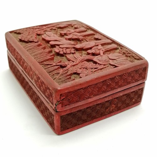 48 - Chinese cinnabar red lacquer box with figural detail to lid - 14.5cm x 10cm x 5cm (slight losses & c... 