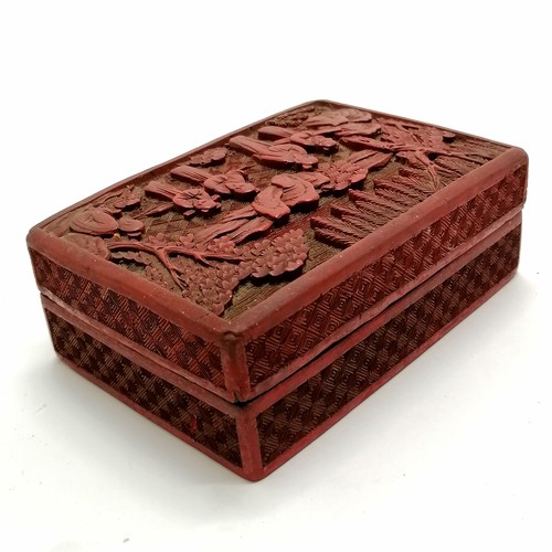 48 - Chinese cinnabar red lacquer box with figural detail to lid - 14.5cm x 10cm x 5cm (slight losses & c... 