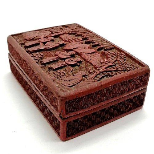 48 - Chinese cinnabar red lacquer box with figural detail to lid - 14.5cm x 10cm x 5cm (slight losses & c... 