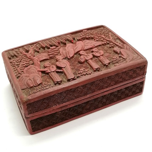 48 - Chinese cinnabar red lacquer box with figural detail to lid - 14.5cm x 10cm x 5cm (slight losses & c... 