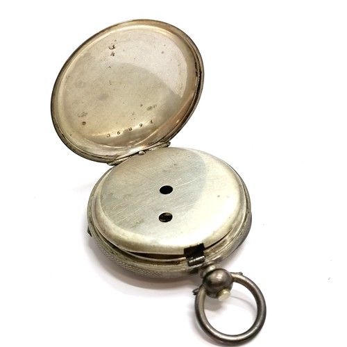 790 - Antique silver 34mm cased fob watch - in used condition with no obvious damage - runs BUT WE CANNOT ... 