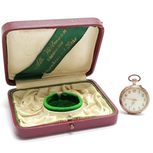 801 - Antique unmarked gold outer cased fob watch - 28mm case in original antique retail box for Alb Willm... 