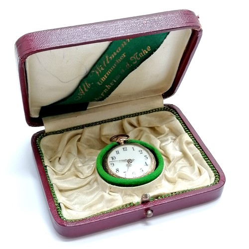 801 - Antique unmarked gold outer cased fob watch - 28mm case in original antique retail box for Alb Willm... 