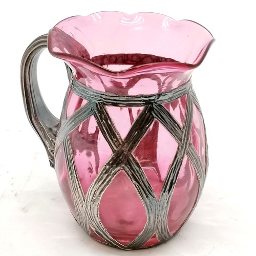 847 - Cranberry glass vase with silver hallmarked mount and handle - 9cm high & no obvious damage