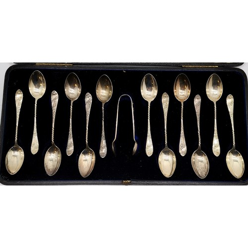 850 - 1894 Chester silver cased set of 12 teaspoons + sugar tongs by James Deakin & Sons - silver total 12... 