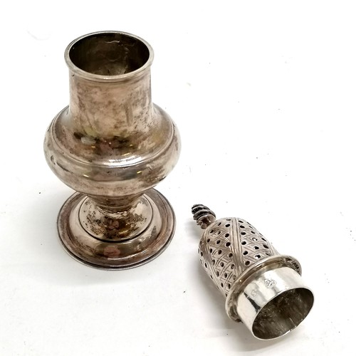 863 - 1778 silver caster with cross hatched decoration to top - 13cm high & 78g with some dents