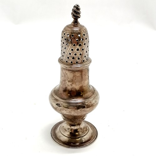 863 - 1778 silver caster with cross hatched decoration to top - 13cm high & 78g with some dents