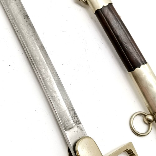 59 - Antique sword with nickel handle with etched blade in original nickel mounted leather scabbard - 93c... 