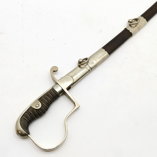 59 - Antique sword with nickel handle with etched blade in original nickel mounted leather scabbard - 93c... 