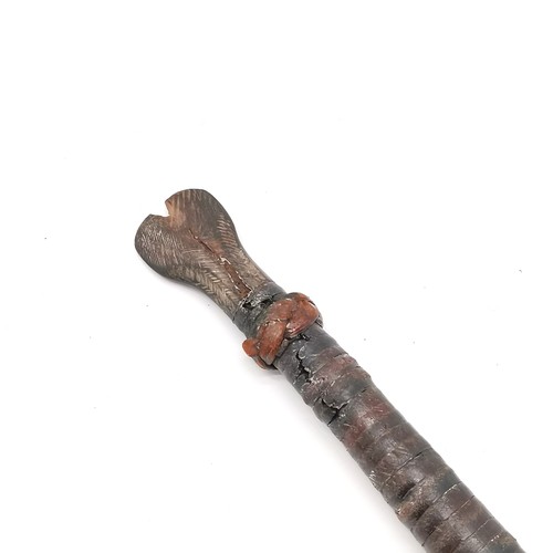 68 - Antique hand carved walking stick with root wood handle and nickel mounts - 88cm long t/w cosh.