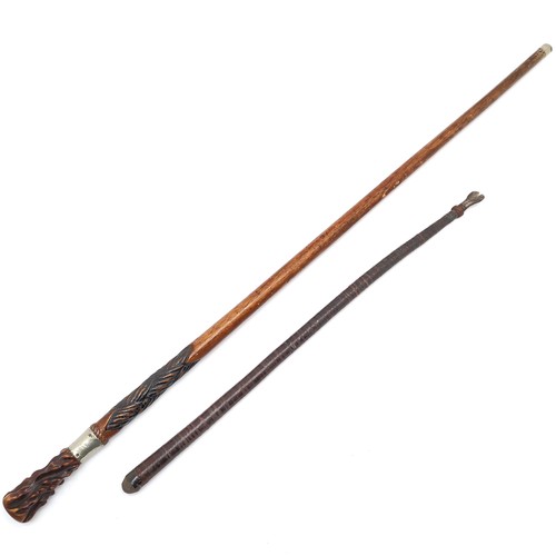 68 - Antique hand carved walking stick with root wood handle and nickel mounts - 88cm long t/w cosh.