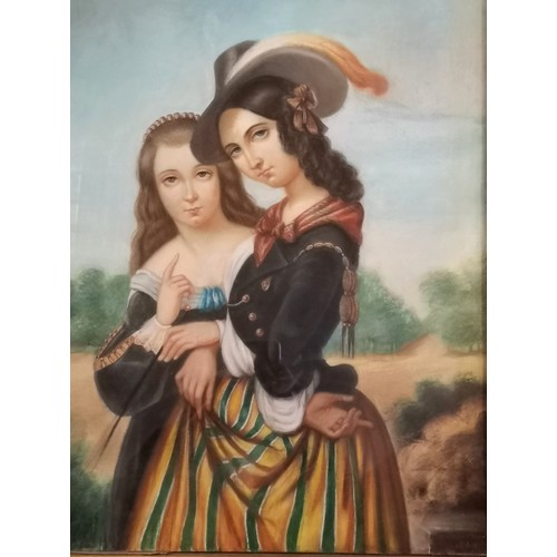 77 - Original 1849 dated pastel of 2 young ladies with indistinct title lower right hand corner in a late... 