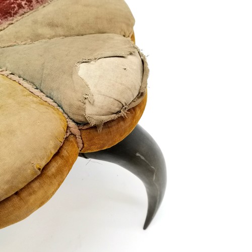 89 - Antique cow horn creature stool with original upholstery a/f - top diameter 43cm x 30cm high