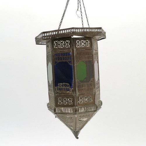 108 - Moroccan style brass hanging lantern, with coloured glass panels with brass fretwork decoration, som... 