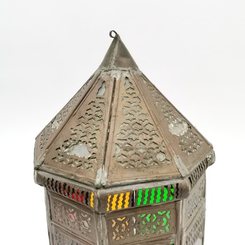 108 - Moroccan style brass hanging lantern, with coloured glass panels with brass fretwork decoration, som... 